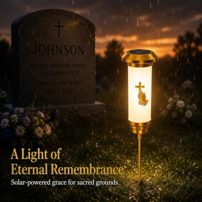 Praying Hands Solar Cross for Cemetery Grave, White & Gold Anodized Aluminum IP65 Waterproof Memorial Light with Ground Stake, Christian Cemetery Decor for Headstone