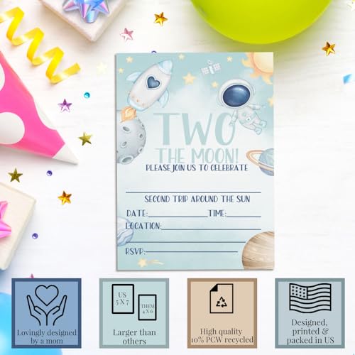 Amanda Creation Outer Space Second Birthday Party Invites - Two The Moon Invitations for Boys, 20 5x7 Double Sided Fill-In Cards with Twenty White Envelopes Kids Party Supplies - style: Two The Moon