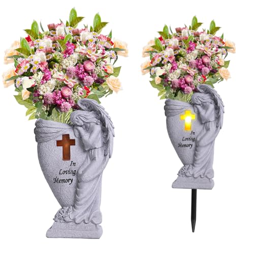 Cemetery Decorations for Grave,Cemetery vases for Grave,Decoration for Graves,Garden Angel,Cemetery vase with led,Family Garden Memorial Statue Funeral Gift,Angels Solar Lights.
