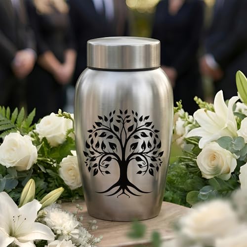 Stainless Steel Silver Urn for Ashes Male & Female, Cremation urns for Human Ashes Man & Women, Set of 7 Includes 1 Large Urn, 4 Keepsakes & 1 Silver & Black Cross Necklace- Tree of Life - color: Stainless Steel Tree of Life Urn - Strandard Set