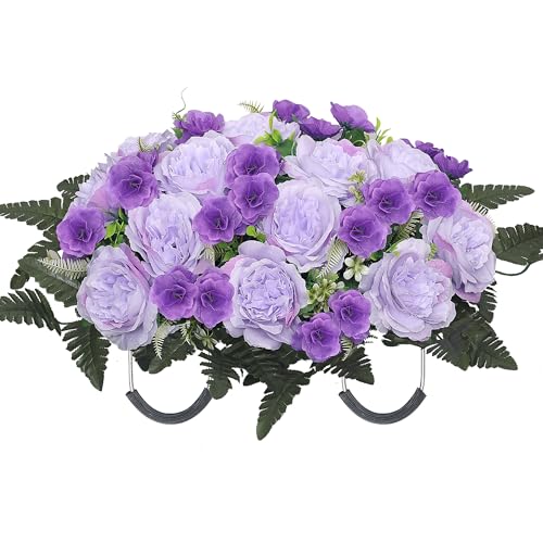 Artificial Cemetery Flowers for Graves Realistic Peony Headstone Flower Saddle Memorial Cemetery Flowers Grave Decorations for Cemetery UV Resistant & No-Fade(Purple) - color: Purple