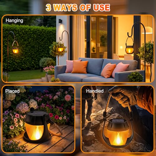 Solar Lanterns Outdoor Lights, 4 Pack Flickering Flame Hanging Lanterns | Waterproof Solar Powered Outdoor Lights for Camping Yard Garden Patio Tabletop Holiday Decorations - size: 4 Pack
