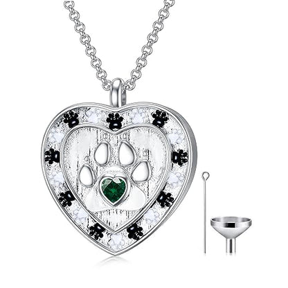 SOULMEET Memorial Pet Necklace for Ashes, Silver/White Gold Paw Print Urn Necklaces with Birthstone for Ashes Keepsake Cremation Jewelry for Pet Cats Dogs - style: E1-Locket Only-May