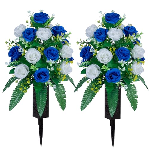 DONODA 2 Sets Artificial Cemetery Flowers， Outdoor Grave Decorations Roses，Accompanied by 2 Long Nail Vases。Lasting and Non-Bleed Colors. (18 Heads (Dark Blue+White)) - color: 18 Heads (Dark Blue+white)