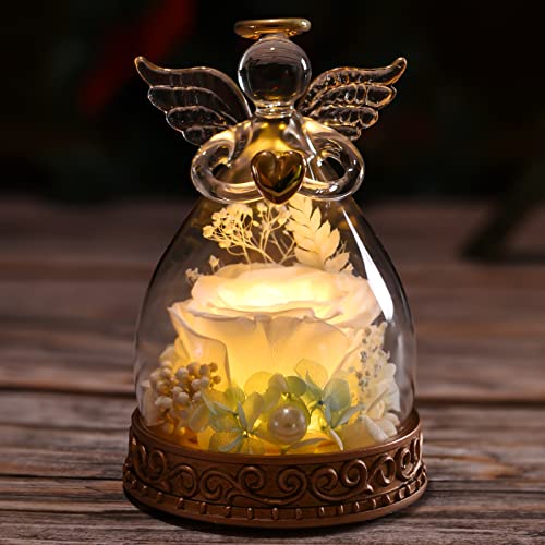 Preserved Real Rose in Glass Angel Figurine with LED Light, Angel Gifts for Women, Mom, Grandma on Mother's Day Christmas Birthday (White) - color: White