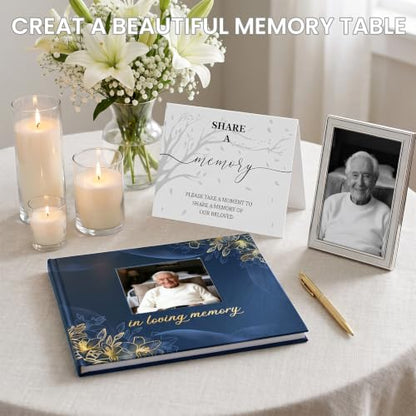 Funeral Guest Book, in Loving Memory Sign in Book with Photo Slot | 330 Entries, Table Sign Card Included, Gold Stamping, Hardcover, Celebration of Life Keepsake, 9x7.5", Navy - color: Navy Photo