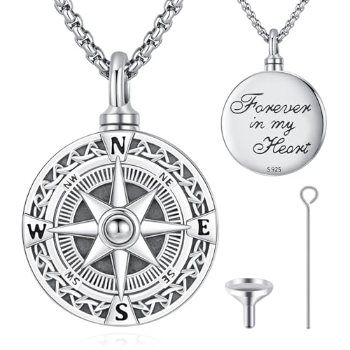 Urn Necklace for Ashes for Women/Men 925 Sterling Silver Cremation Jewelry w/Funnel Filler Memorial Jewelry Gifts - color: D-Compass 3, style: Non - Customized