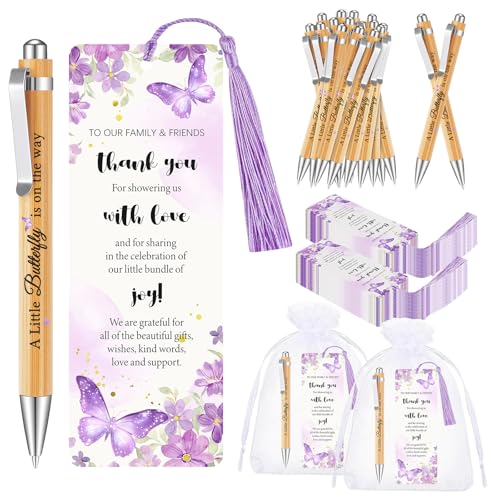 50 Sets Butterfly Baby Shower Favors for Guests, Purple Butterfly Baby Shower Pens Thank You Bookmarks Organza Bags for Baby Shower Party Favors Gender Reveal Gifts Souvenirs Game Prizes - color: Purple Butterfly
