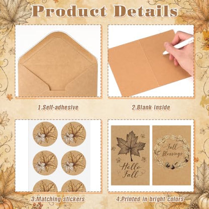 Sabary 100 Pack Fall Cards with Envelopes and Stickers Bulk | Thanksgiving Card, 4x6 Inch, Fall Maple Leaf Pumpkin, Autumn Harvest Greeting Blank Note Card, for Wedding Baby Shower