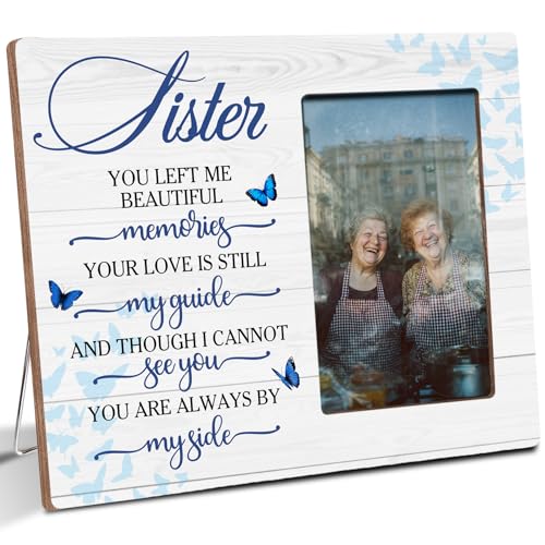 Sister Memorial Bereavement Wooden Picture Frame Gifts for Loss of Sister, Always By My Side Sympathy Gifts, Fits 4x6 Photo Frame - color: Blue-sister