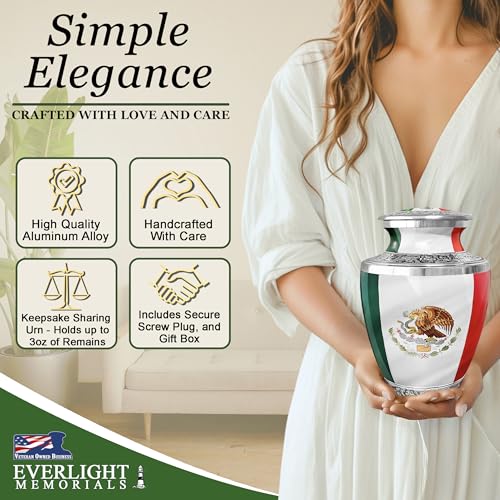 Mexican Flag Large Cremation Urn for Adult Ashes – Urna Memorial Grande para Cenizas - Tribute to Mexican Pride (Orgullo) - Burial Urns for Adult Human Ashes - size: Adult Large