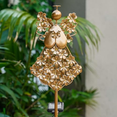 WSgift Angel Solar Stake Light Outdoor Warm White LED Bronze Metal Stake for Garden Cemetery Remembrance - color: Bronze