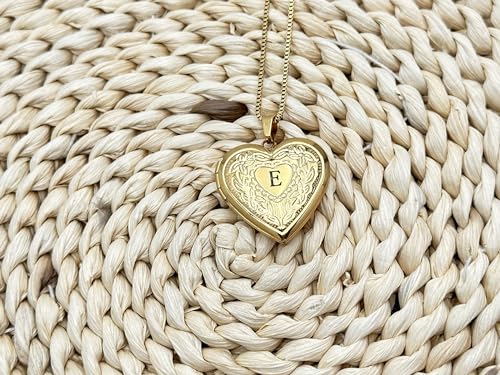GOKING Love Heart Memory Locket Necklace Holds Pictures for Women - color: Letter E