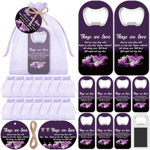 24 Sets Funeral Memorial Gifts Sympathy Gifts for Loss of Loved One Celebration of Life Favor Thank You Remembrance Magnetic Bottle Openers with Funeral Prayer Cards(Purple,Memorial) - color: Purple, style: Memorial