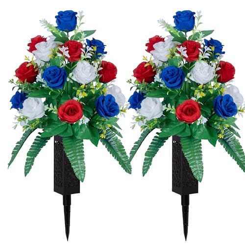 DONODA 2 Sets Artificial Cemetery Flowers， Outdoor Grave Decorations Roses，Accompanied by 2 Long Nail Vases，Lasting and Non-Bleed Colors (18 Heads (red, Blue, White)) - color: 18 Heads (Red, Blue, White)