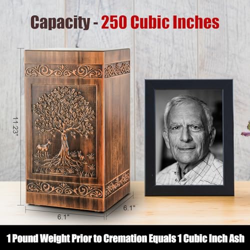 Wooden Urn for Ashes Adult Male Female, Cremation Urns for Human Ashes Adult Men Women, Decorative Burial Funeral Memorial Tree of Life Urns for Ashes, Urn Box Holds 250 Cubic Inches(Tree of Life)