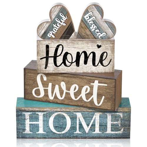 CroBlissful 4 Pcs Farmhouse Wooden Tabletop Decor Sweet Home Tiered Tray Decor Rustic Heart Shaped Centerpiece Farmhouse Block Sign Housewarming Gifts for Home Kitchen Table Shelf Mantel Decoration - color: Multicolor, style: Farmhouse