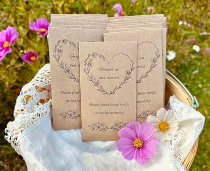 Qty 20 Memorial service seed packet favors, forever in our hearts funeral favors kraft brown seed favors for wakes visitations celebration of life WITH SEEDS