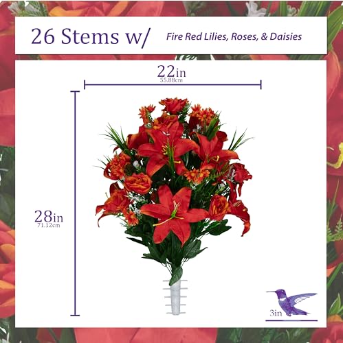 Sympathy Silks Artificial Cemetery Flowers - Gravesite Flowers - Fire Red Lily, Rose, and Daisies - color: Fire Red, size: Bouquet