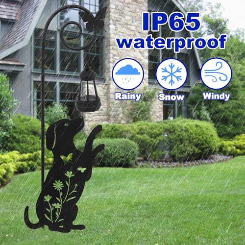 Solar Dog Lantern Garden Stakes 28.7in Metal Outdoor Night Light - color: Black Dog