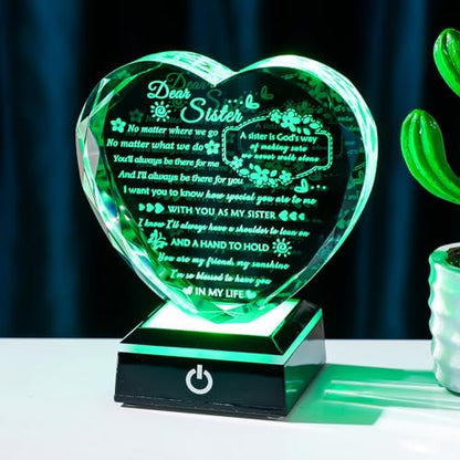 YWHL Sister Birthday Gifts from Sister Brother to My Sisters Crystal Heart Keepsake with Colorful Light Base Soul Sister Gifts for Women for Christmas Mother's Day - color: Sister Gifts