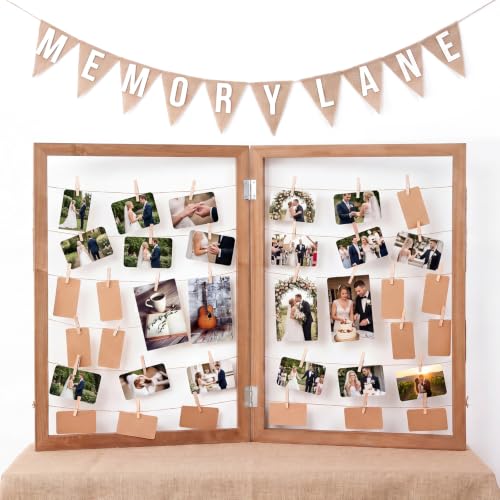 Cinnvoice Photo Display Rack Decoration with Clips Number Sticker Burlap Banner Farmhouse Photo Display Board Rustic Picture Frame for Wedding Back to School Party Decor - color: Wooden, size: 39.4x28 Inch, style: 2 Panel