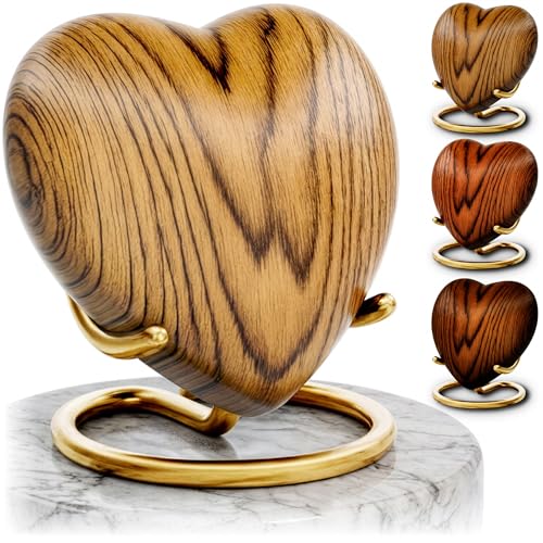 Small Urns for Ashes Keepsake Heart Shape Design, Miniature Small Cremation Urn for Pet or Sharing, Capacity of 3-4 Table Spoons, Male or Female, Choose from 4 Colors, Metal with Wood Finish Oak - color: Oak