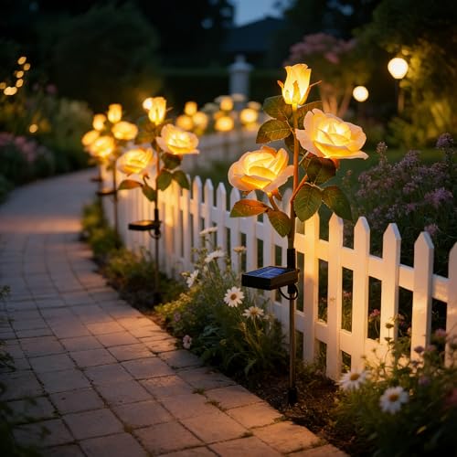 Brightown Solar Garden Lights, 4 Pack LED Rose Flower Lights Waterproof - color: Champagne Rose