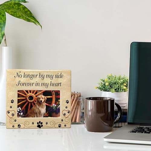 Pet Memorial Picture Frame, Ceramic Pet Loss Gift with Sympathy Quote “No Longer By My Side Forever In My Heart” – Dog & Cat Memorial Photo Frame for Rainbow Bridge Remembrance – 8” x 7.25” - size: 1 pack