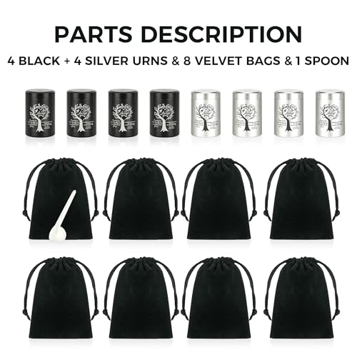 8 Pcs Mini Urns for Human Ashes, Aluminum Keepsake Cremation Urns | Tree of Life engraving, velvet pouches & spoons, sealed screw lid for family ash sharing
