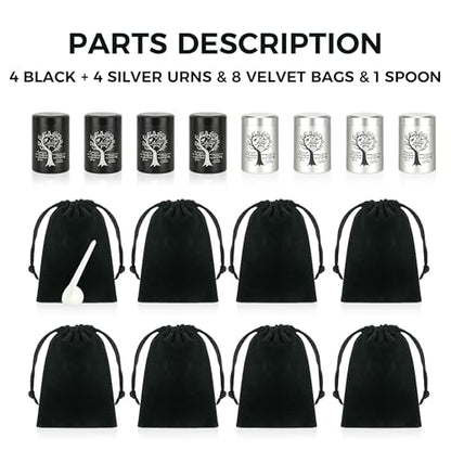 8 Pcs Mini Urns for Human Ashes, Aluminum Keepsake Cremation Urns | Tree of Life engraving, velvet pouches & spoons, sealed screw lid for family ash sharing