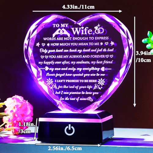 Arikyrist Romantic Wife Gifts from Husband with Colorful LED Base Anniversary Birthday Gift for Wife Crystal Keepsake I Love You Gifts for Her on Mothers Day Valentine Christmas - style: Wife Gifts + Light Base