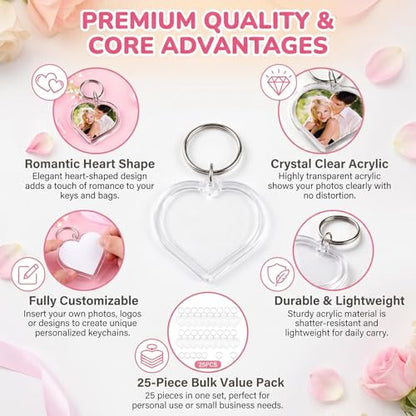 25Pcs Acrylic Clear Photo Keychain, Heart Shape Double Sided Picture Frame Key Ring, Blank DIY Personalized Photo Key Fob Holder with Split Ring for Gift & Memorial Use
