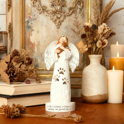 Pet Angel Statue with Candle Holder, Resin Pet Remembrance Decor, Dog and Cat Keepsake Figurine for Shelf, Table or Home Display