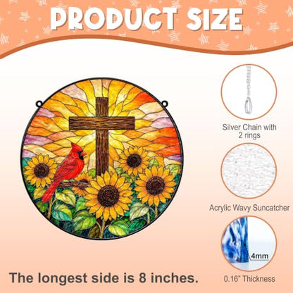 Cardinal with Jesus Cross & Sunflower Memorial Suncatcher, 8" Christian Stained Glass Wavy Acrylic, Sympathy Gift for Loss of Loved One, Mom, Dad, Grandma, Family Member, Religious Gifts for Women - color: Cardinal - Sunflower
