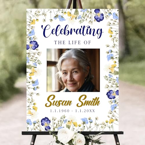 Personalized Funeral Welcome Sign – Celebration of Life Sign with Photo, Custom Memorial Sign with Floral Frame, Minimalist Memory Board for Funeral Décor (Design 19). - color: Design 19