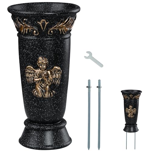 Memorial Cemetery Vase, 1 Pcs Black Angel Resin Flower Vases with Spikes and Draining Holes for Gravesite, Headstone Flowers, Cemetery Flowers, Memorial Grave Decorations