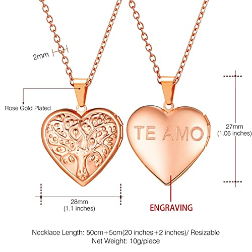 U7 Women Locket Necklace, Heart Photo Lockets Hold Picture, Gift Box Packed - color: 04# Rose Gold(Tree)