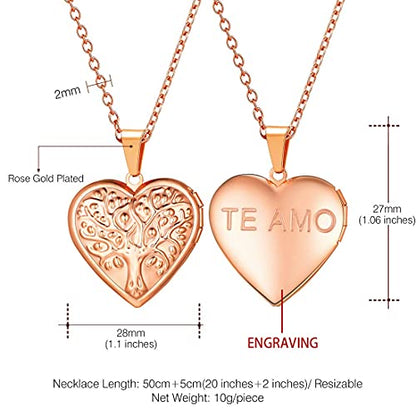 U7 Women Locket Necklace, Heart Photo Lockets Hold Picture, Gift Box Packed - color: 04# Rose Gold(Tree)