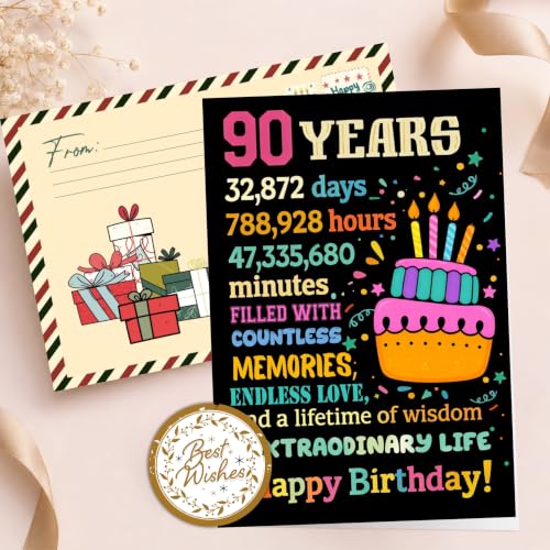 90th Birthday Card, 90th Birthday Card for Women Men with Seal and Envelope, 90 Year Old Birthdayy Cards for Mom Dad Grandma Grandpa from Daughter Son Granddaughter Grandson - color: 90th