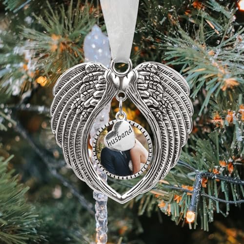 Christmas Ornaments Angel Wings with Custom Photo Frame for Loss of Loved One Remembrance Keepsake with Silk Ribbon & Red Gift Box - color: Husband