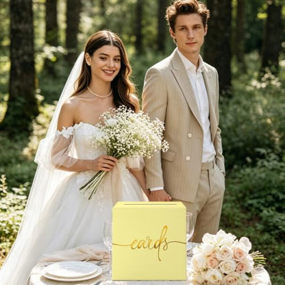 Light Yellow Card Box with Gold Foil Design, Paperboard 8.7" Gift Card Holder for Wedding Graduation Birthday Party Reception Retirement Anniversary Bridal & Baby Shower - color: Light Yellow Card Box with Gold Foil, size: 8.7×8.7×8.7Inch(1 Pack)