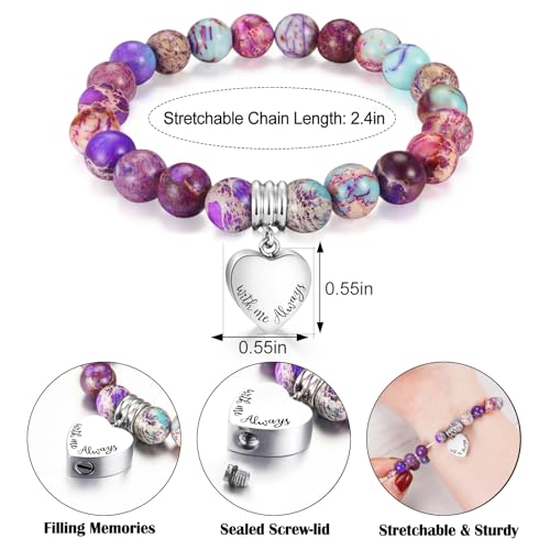 XIUDA Heart Cremation Memorial Urn Bracelet 316L Stainless Steel Keepsake Jewelry Urn Bracelet for Ashes for Women-With Me Always - style: Purple Emperor Stone