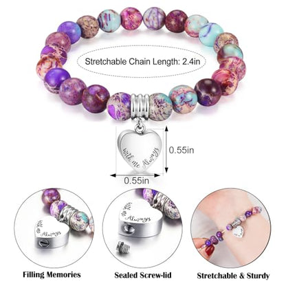 XIUDA Heart Cremation Memorial Urn Bracelet 316L Stainless Steel Keepsake Jewelry Urn Bracelet for Ashes for Women-With Me Always - style: Purple Emperor Stone