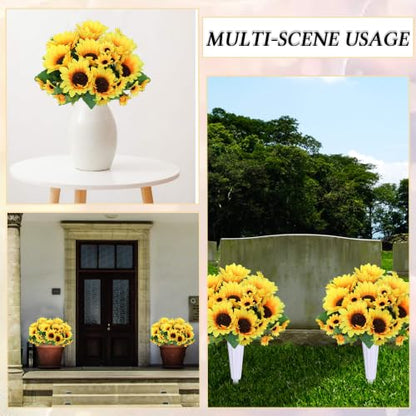 Artificial Cemetery Flowers for Grave Decorations - 4 Sunflower Bouquets with 2 Vases & Spikes - Lifelike Memorial Flowers for Cemetery Headstones Decoration ﻿ (Yllow)