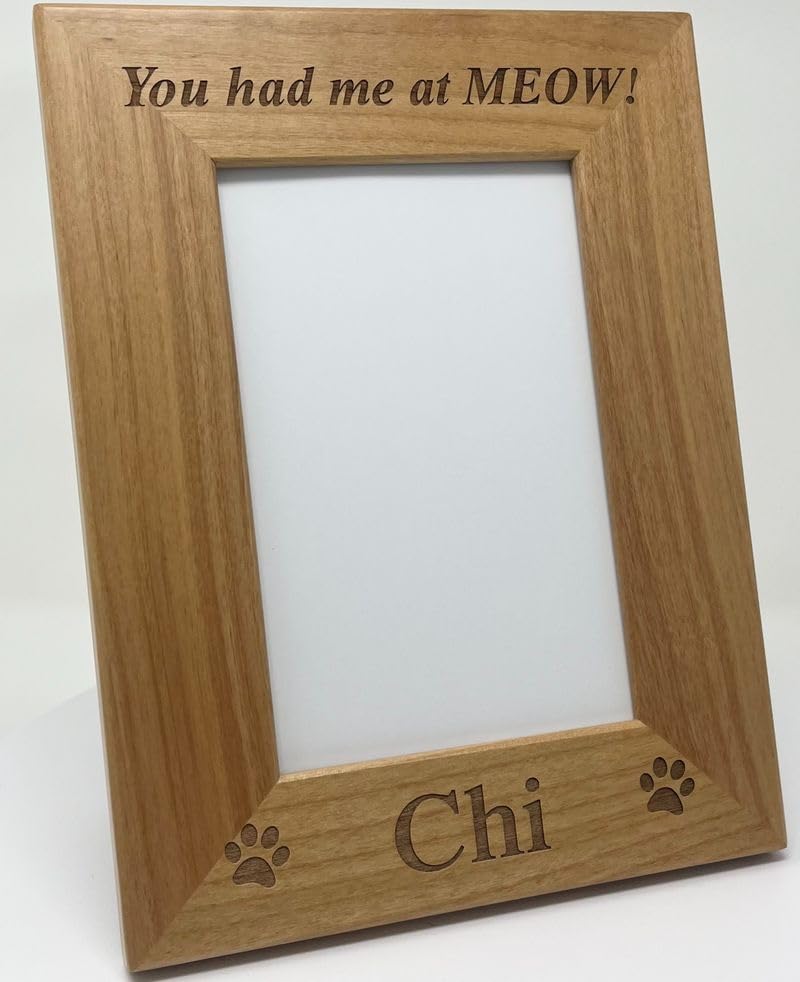 You had me at MEOW! - Custom Engraved Wood Picture Frame - Add your cats name (4x6 Vertical) - size: 4x6 Vertical
