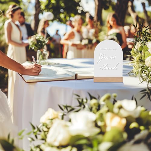Acrylic Wedding Guest Book Sign for Reception with Wood Stand, 5 x 7 | Wedding signage encourages guests to sign the guest book; frosted acrylic table sign with white text and beech wood stand. - size: Guest Book Sign