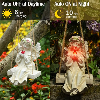 Angel Garden Statue,Fairy Solar Garden Decor with Warm Light | Waterproof Angel Statue with Swing & Holding Bird,Outdoor Garden Decor for Lawn Yard Patio Windowsill Garden Gifts, Apricot - style: Swing Bird Angel