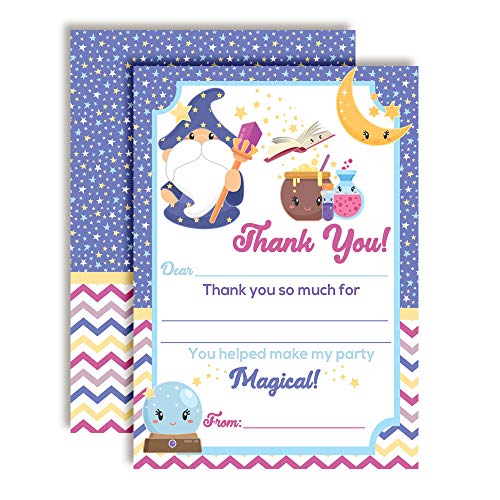 Magical Cute Wizard Themed Thank You Notes for Kids, Ten 4" x 5.5" Fill In The Blank Cards with 10 White Envelopes by AmandaCreation - style: Magical Cute Wizard