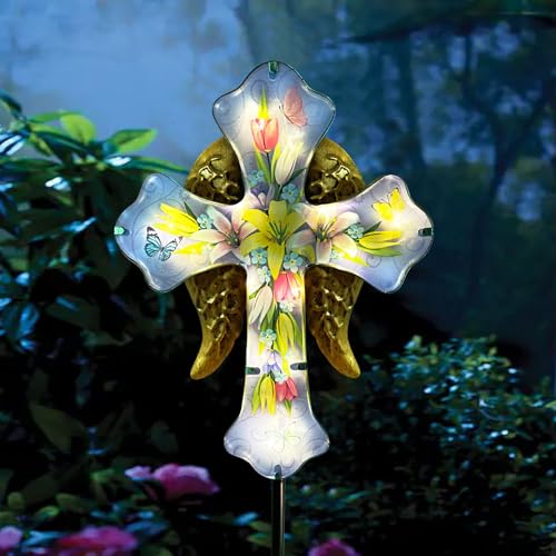 Solar Cross Garden Stake Lights,Metal Angel Wing & Acrylic Flowers Cross Solar Christmas Lights Outdoor,Waterproof Memorial Garden Decor for Cemetery,Grave,and Remembrance Gifts